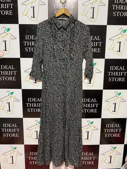 ZARA |M| BUST 18| A7| ELEGANT BLACK FLORAL PRINT RUFFLED BUTTON-DOWN MAXI DRESS