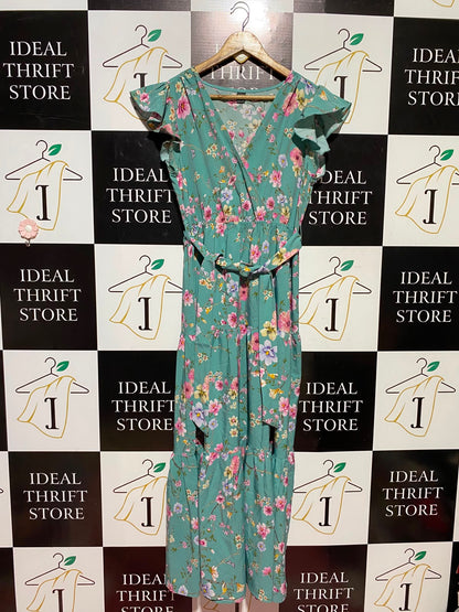 SHEIN |L| BUST 18| A7| SAGE GREEN FLORAL PRINT FLUTTER SLEEVE TIERED MAXI DRESS