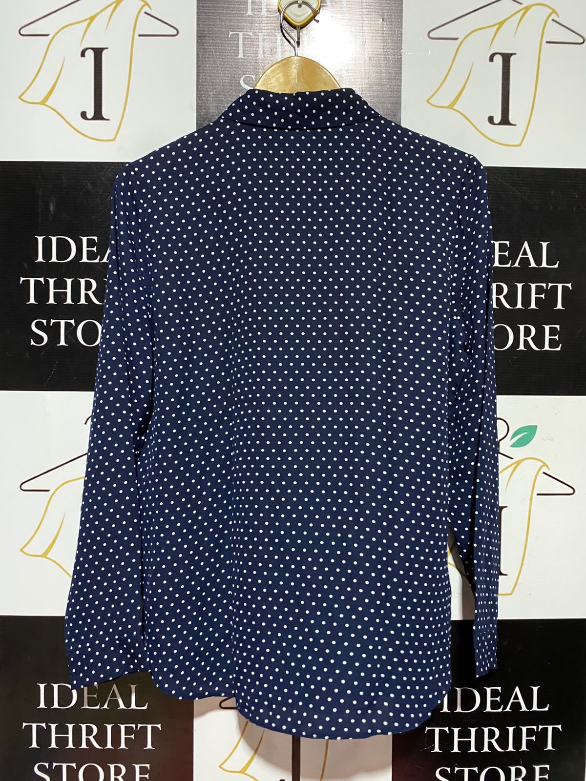 PRIMARK |M| BUST 20| A7| NAVY BLUE POLKA DOT LONG-SLEEVE BUTTON-DOWN BLOUSE