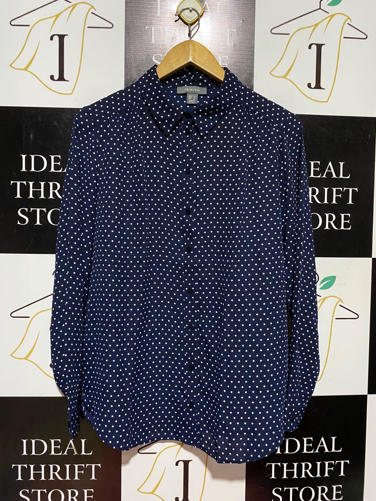 PRIMARK |M| BUST 20| A7| NAVY BLUE POLKA DOT LONG-SLEEVE BUTTON-DOWN BLOUSE