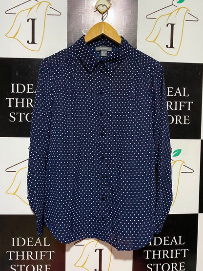 PRIMARK |M| BUST 20| A7| NAVY BLUE POLKA DOT LONG-SLEEVE BUTTON-DOWN BLOUSE