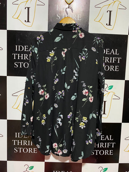 PRIMARK |L| BUST 22| A7| BLACK FLORAL PRINT LONG-SLEEVE BUTTON-DOWN TUNIC BLOUSE