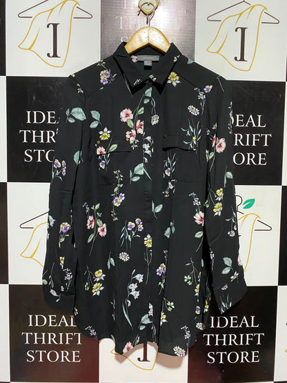 PRIMARK |L| BUST 22| A7| BLACK FLORAL PRINT LONG-SLEEVE BUTTON-DOWN TUNIC BLOUSE