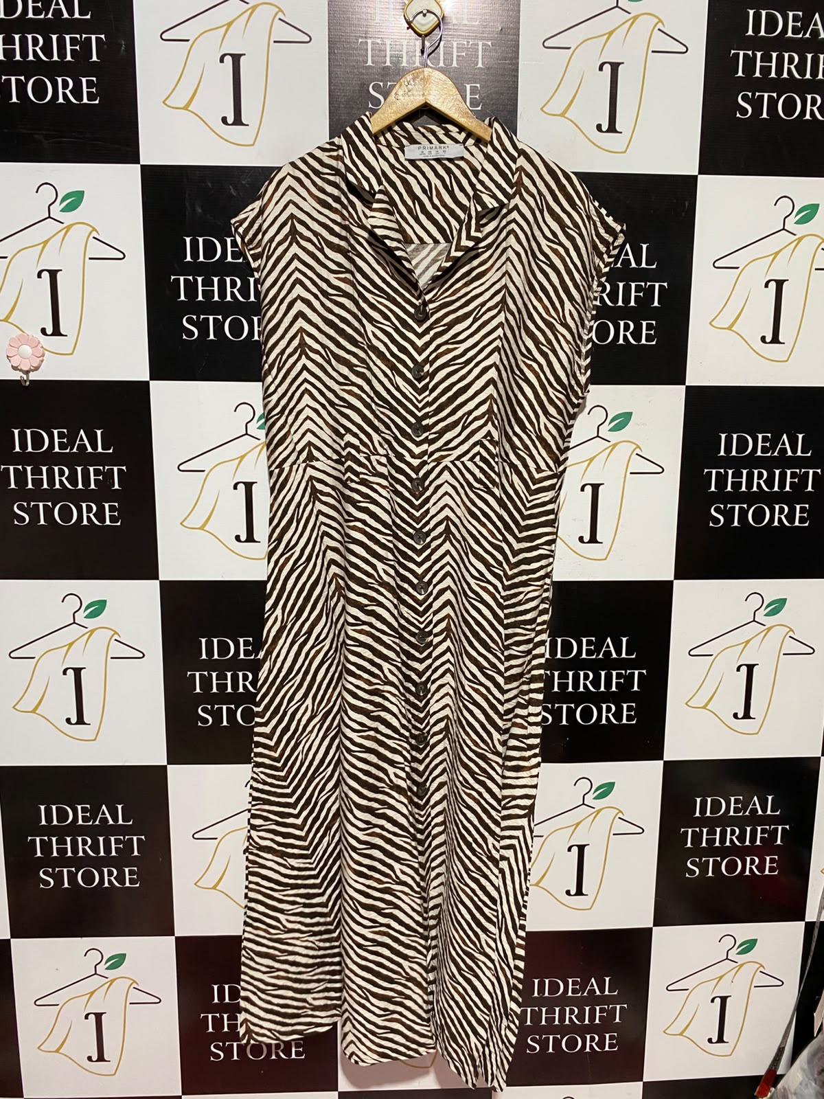 PRIMARK |M| BUST 20| A7| BROWN ZEBRA PRINT SLEEVELESS BUTTON-DOWN MIDI SHIRT DRESS