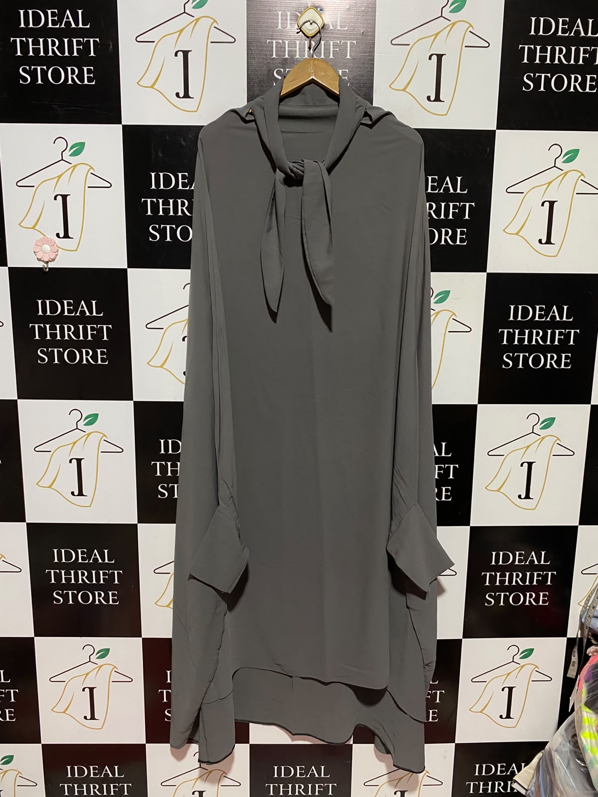 |M| BUST FREE| A7| SOPHISTICATED CHARCOAL GREY TIE-NECK OVERSIZED MAXI TUNIC DRESS