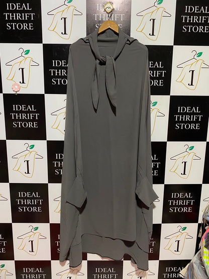 |M| BUST FREE| A7| SOPHISTICATED CHARCOAL GREY TIE-NECK OVERSIZED MAXI TUNIC DRESS
