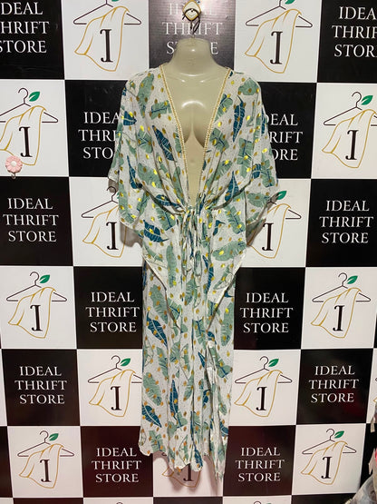 STELLA MORGAN |M| BUST FREE| A7| LUXURIOUS TROPICAL LEAF PRINT PEARL-TRIMMED KAFTAN MAXI DRESS COVER-UP