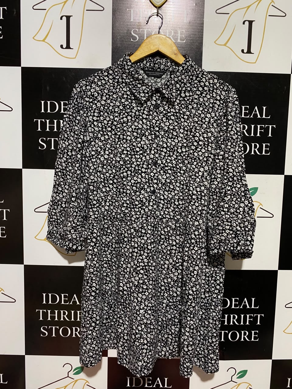 DOROTHY PERKINS |XL| BUST 22| A7| BLACK FLORAL PRINT COLLARED MINI SMOCK DRESS