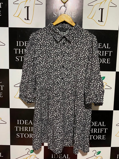 DOROTHY PERKINS |XL| BUST 22| A7| BLACK FLORAL PRINT COLLARED MINI SMOCK DRESS