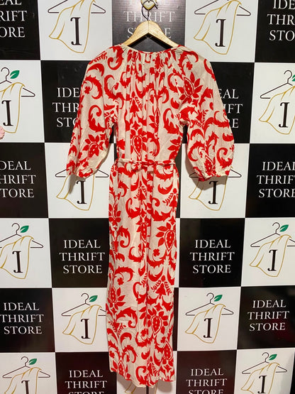 NEXT |M| BUST FREE| A7| RED AND CREAM DAMASK PRINT TIE-WAIST MAXI DRESS