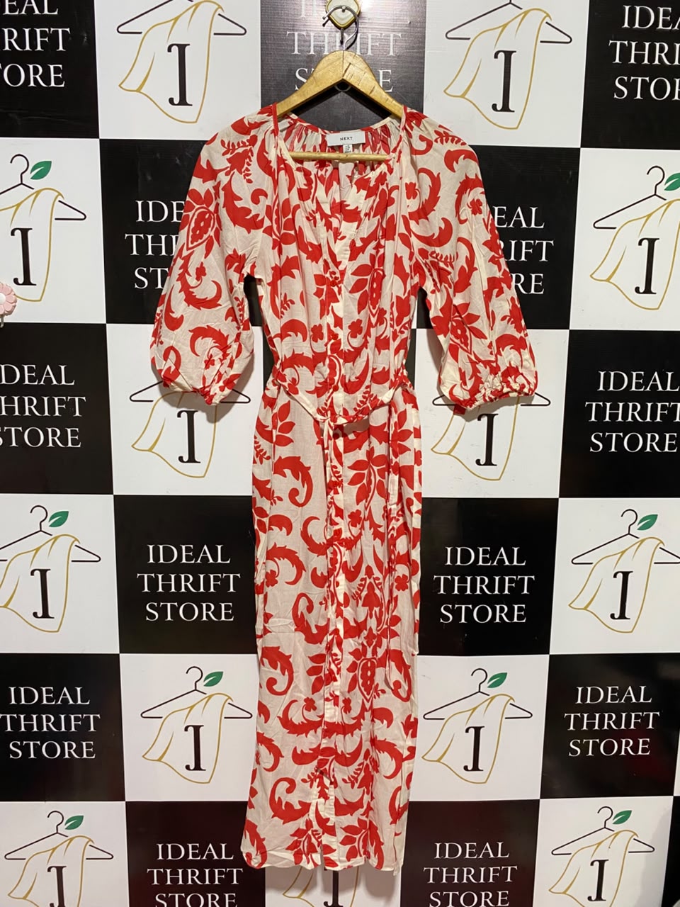 NEXT |M| BUST FREE| A7| RED AND CREAM DAMASK PRINT TIE-WAIST MAXI DRESS