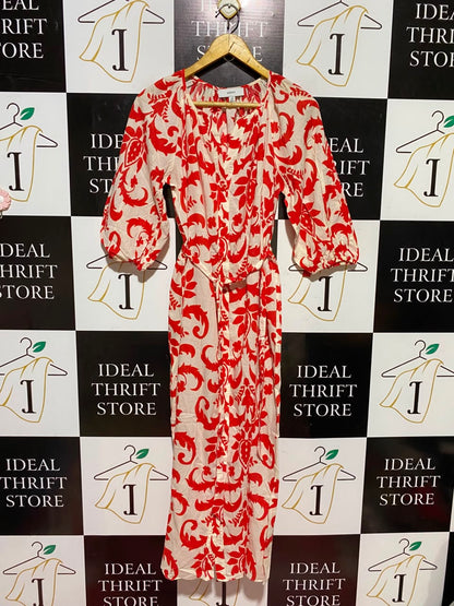 NEXT |M| BUST FREE| A7| RED AND CREAM DAMASK PRINT TIE-WAIST MAXI DRESS