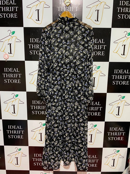 NEXT |XL| BUST 22| A7| BLACK FLORAL PRINT CHIFFON BUTTON-FRONT MAXI SHIRT DRESS