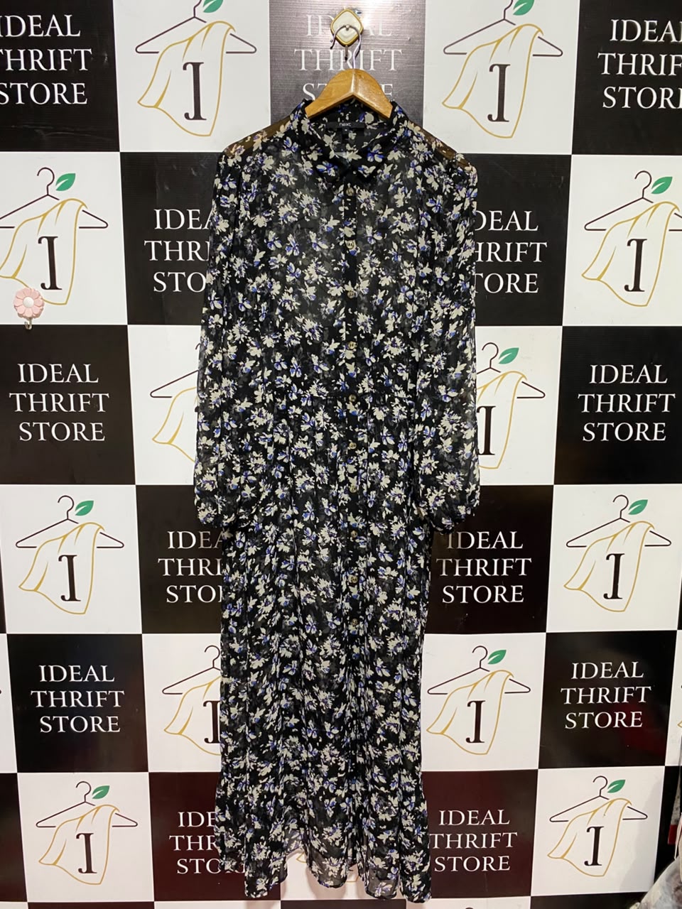 NEXT |XL| BUST 22| A7| BLACK FLORAL PRINT CHIFFON BUTTON-FRONT MAXI SHIRT DRESS