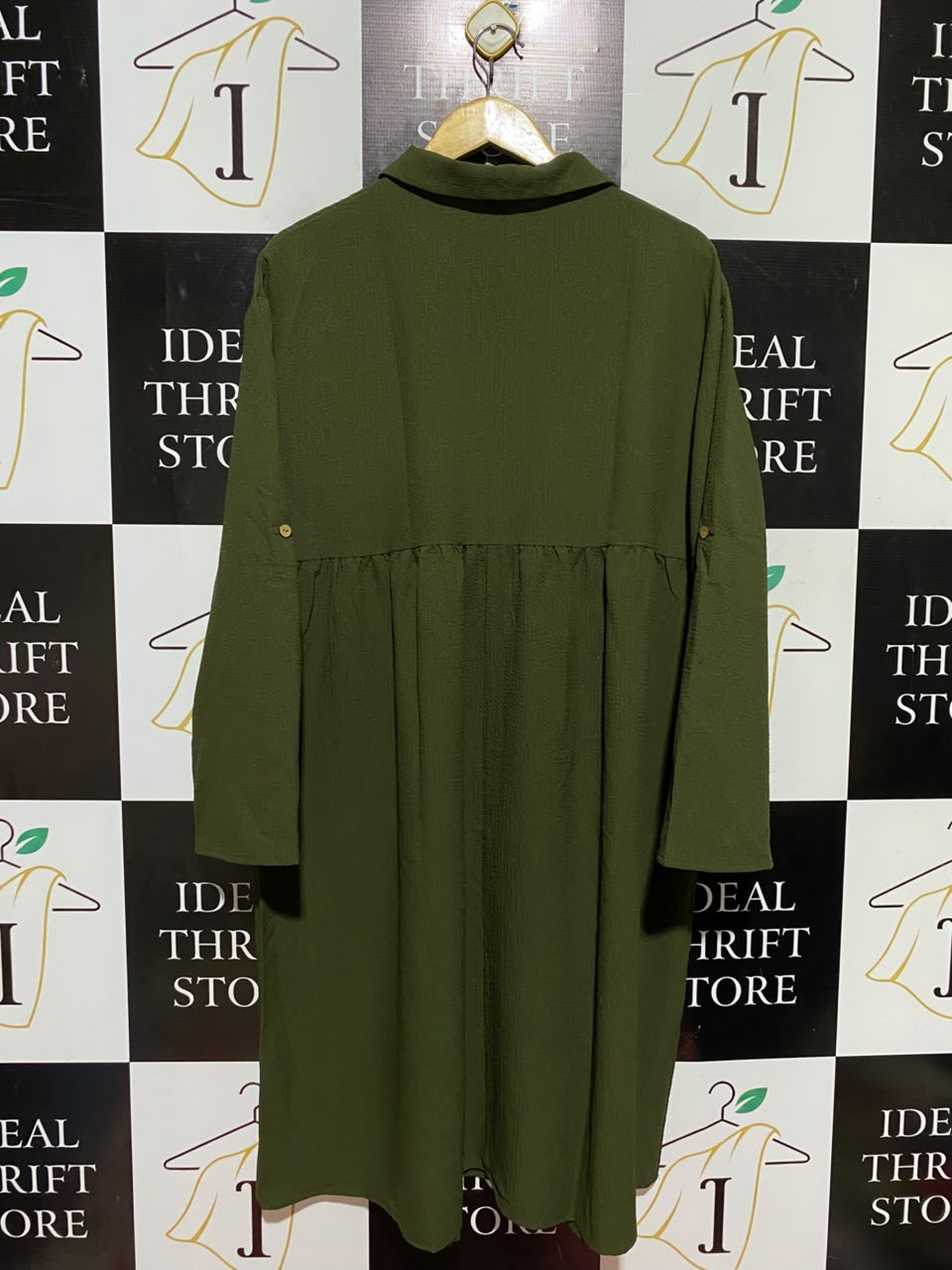 EMERY ROSE |M| BUST 21| A7| OLIVE GREEN COLLARED BUTTON-FRONT LONG-SLEEVE EMPIRE WAIST MIDI DRESS