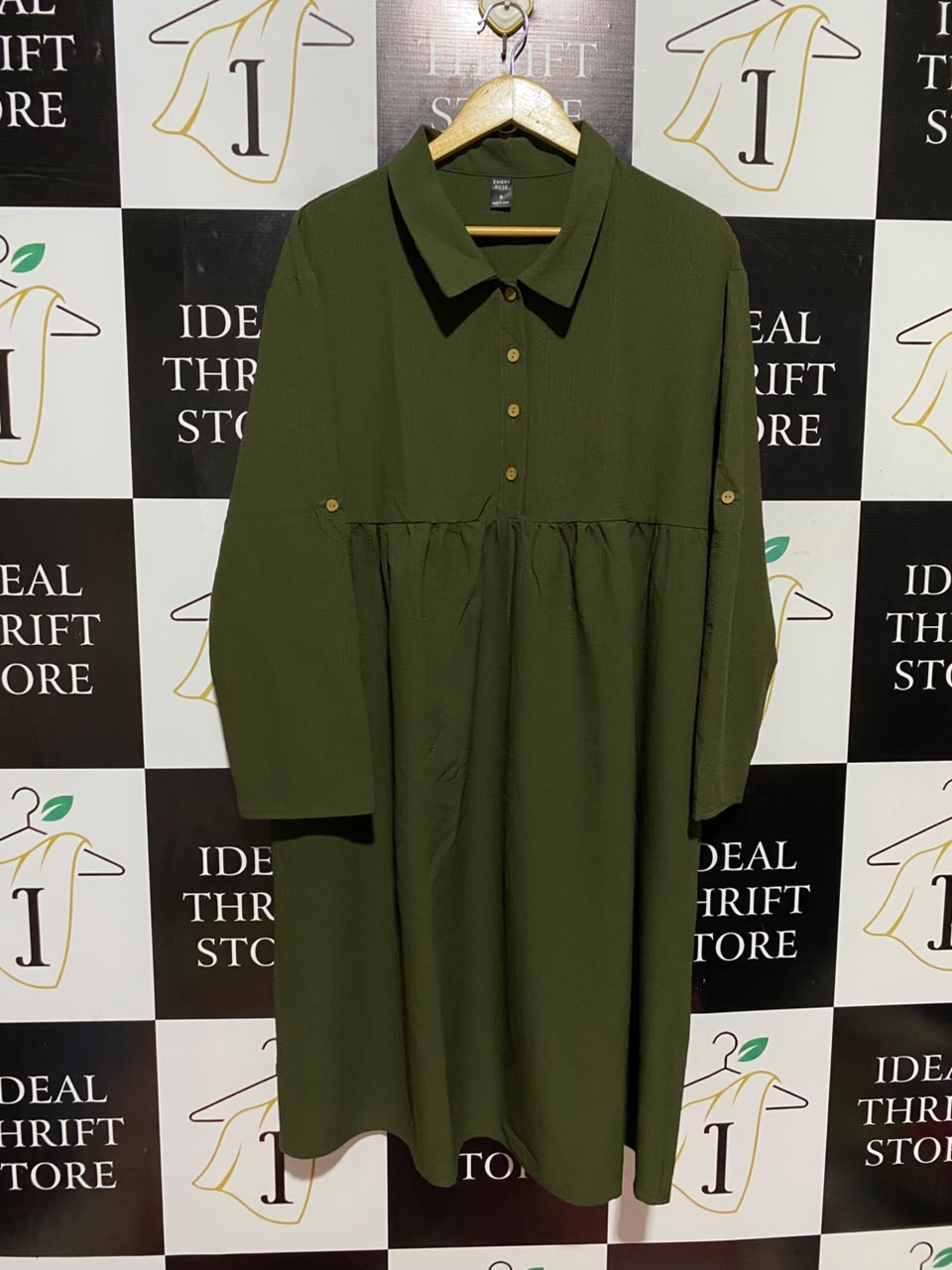 EMERY ROSE |M| BUST 21| A7| OLIVE GREEN COLLARED BUTTON-FRONT LONG-SLEEVE EMPIRE WAIST MIDI DRESS