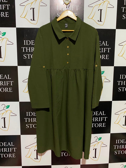 EMERY ROSE |M| BUST 21| A7| OLIVE GREEN COLLARED BUTTON-FRONT LONG-SLEEVE EMPIRE WAIST MIDI DRESS