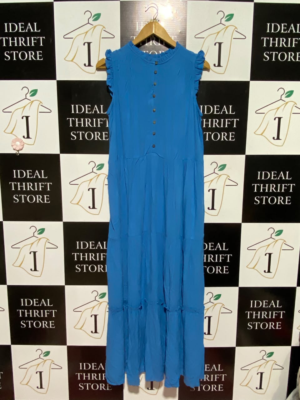 BRAKEBURN |M| BUST 21| A7| VIBRANT AZURE BLUE SLEEVELESS RUFFLE-TRIMMED TIERED MAXI DRESS