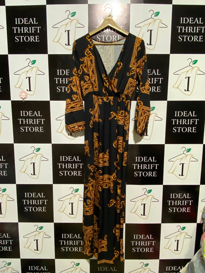 SHEIN |M| BUST 18| A7| BLACK AND GOLD BAROQUE PRINT SURPLICE V-NECK MAXI DRESS