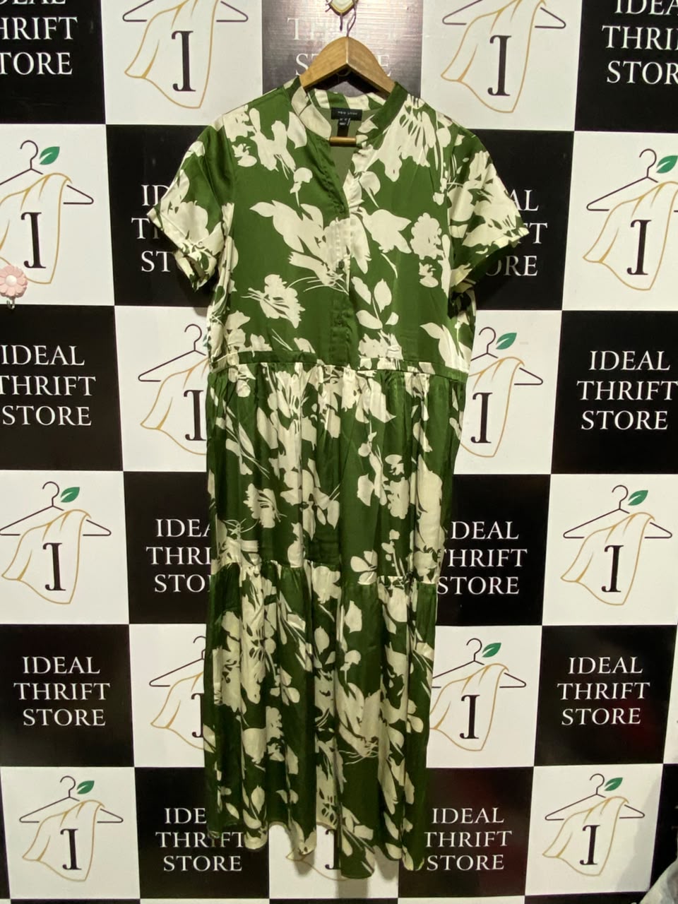 NEW LOOK |L| BUST 20| A7| EMERALD GREEN FLORAL PRINT MANDARIN COLLAR TIERED MAXI DRESS