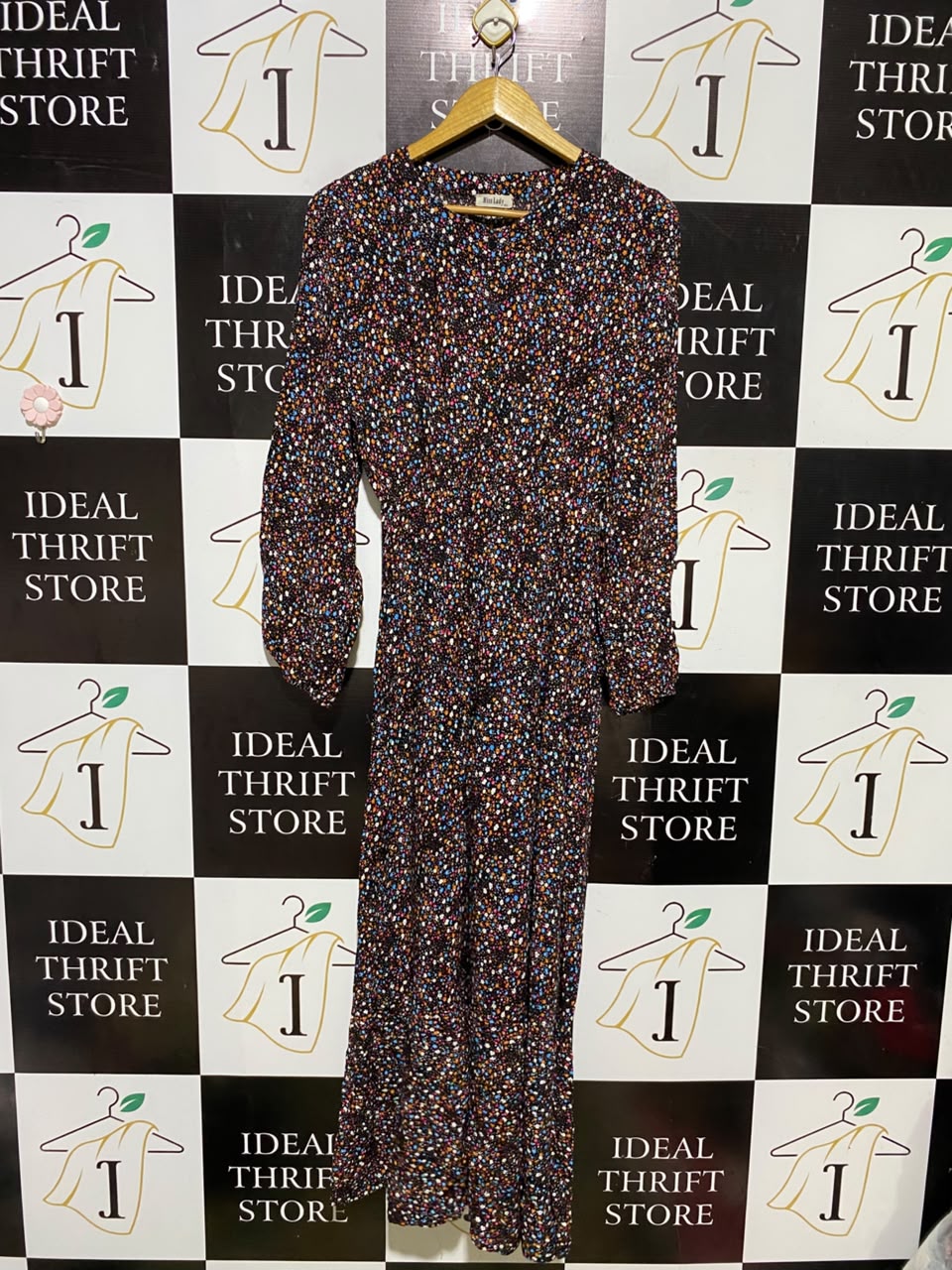 MISS LADY |M/L| BUST 17| A7| FINERY MULTICOLOR CONFETTI SPECKLE PRINT CINCHED WAIST MAXI DRESS
