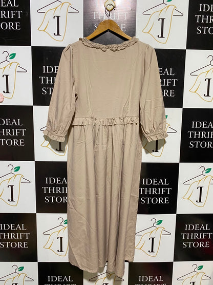 SHEIN |L| BUST 19| A7| BEIGE RUFFLE-TRIMMED BUTTON-FRONT EMPIRE WAIST MIDI DRESS