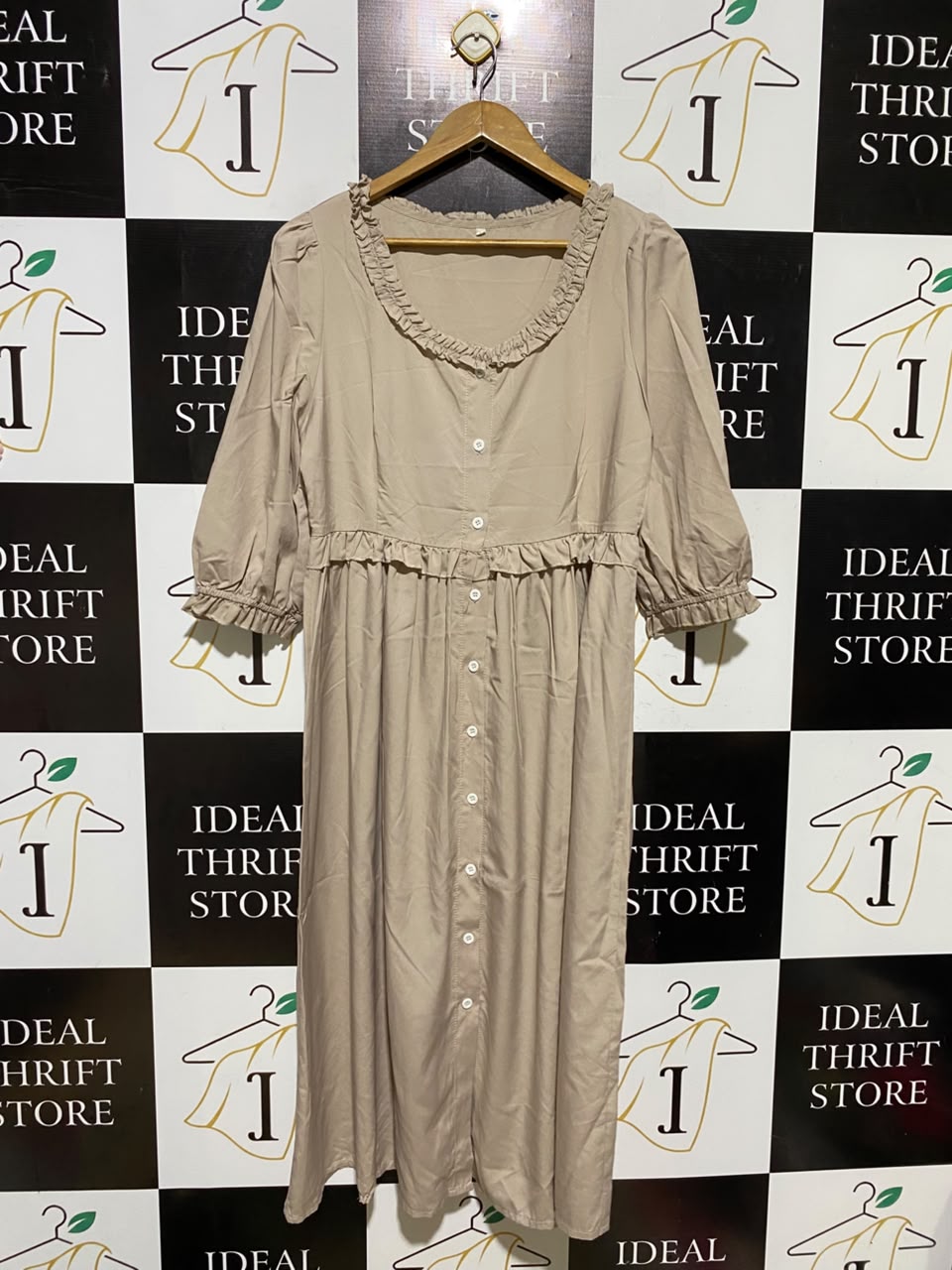 SHEIN |L| BUST 19| A7| BEIGE RUFFLE-TRIMMED BUTTON-FRONT EMPIRE WAIST MIDI DRESS