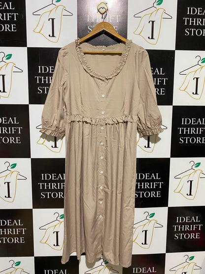 SHEIN |L| BUST 19| A7| BEIGE RUFFLE-TRIMMED BUTTON-FRONT EMPIRE WAIST MIDI DRESS
