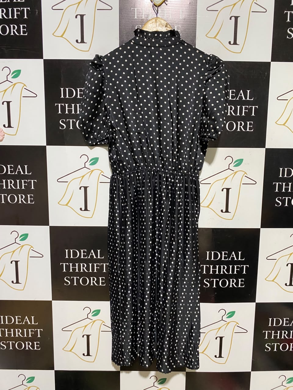 PRIMARK |M| BUST 18| A7| BLACK AND WHITE POLKA DOT HIGH-NECK PUFF-SLEEVE MIDI DRESS