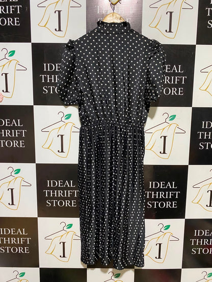 PRIMARK |M| BUST 18| A7| BLACK AND WHITE POLKA DOT HIGH-NECK PUFF-SLEEVE MIDI DRESS