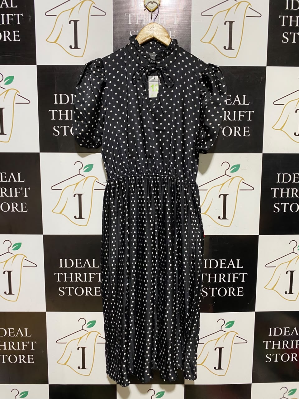 PRIMARK |M| BUST 18| A7| BLACK AND WHITE POLKA DOT HIGH-NECK PUFF-SLEEVE MIDI DRESS