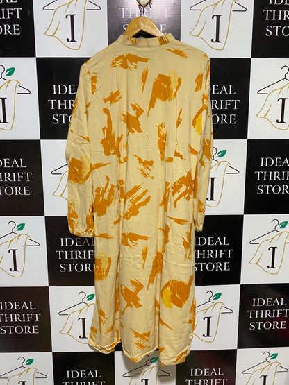 ASRA |XL| BUST 23| A7| CREAM AND MUSTARD ABSTRACT BRUSHSTROKE BUTTON-FRONT MAXI SHIRT DRESS
