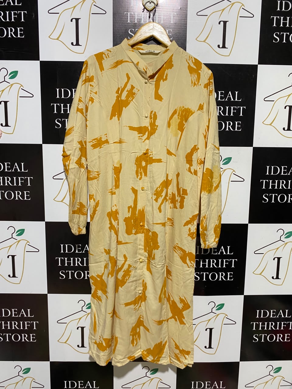 ASRA |XL| BUST 23| A7| CREAM AND MUSTARD ABSTRACT BRUSHSTROKE BUTTON-FRONT MAXI SHIRT DRESS