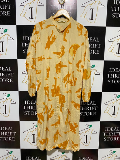 ASRA |XL| BUST 23| A7| CREAM AND MUSTARD ABSTRACT BRUSHSTROKE BUTTON-FRONT MAXI SHIRT DRESS