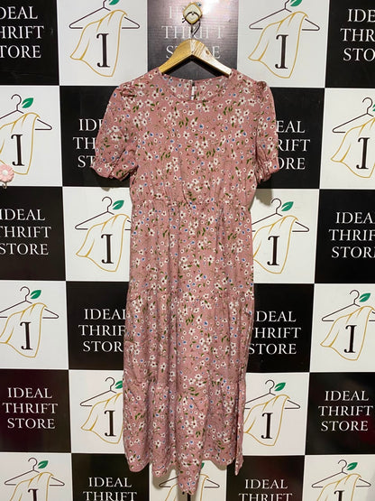 SHEIN |M| BUST 18| A7| DUSTY PINK DITSY FLORAL PRINT SHORT PUFF-SLEEVE TIERED MAXI DRESS