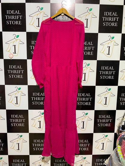 BOOHOO |XL| BUST 23| A7| HOT PINK DOBBY CHIFFON RUFFLE V-NECK MAXI DRESS