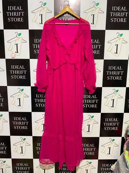 BOOHOO |XL| BUST 23| A7| HOT PINK DOBBY CHIFFON RUFFLE V-NECK MAXI DRESS