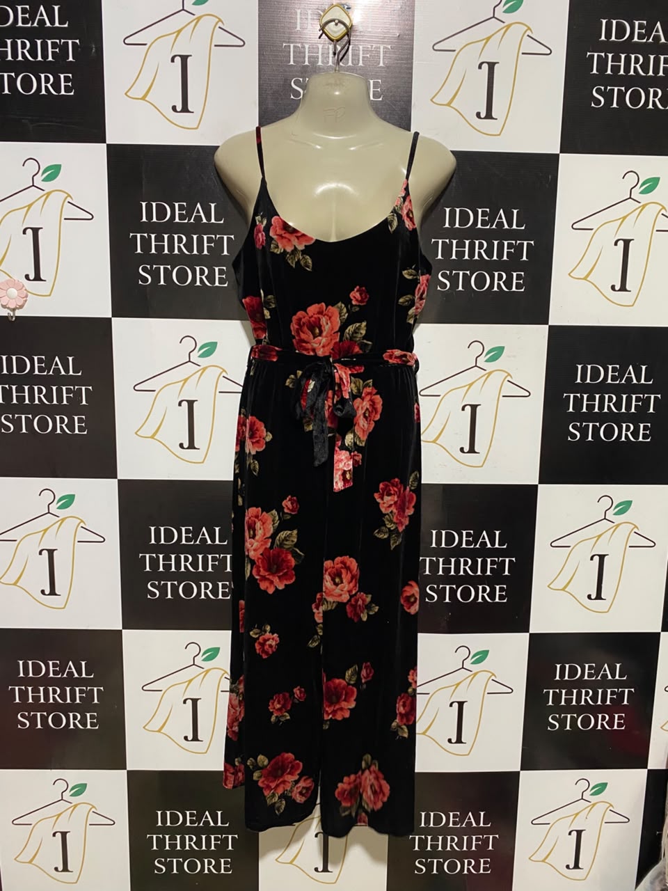 PRIMARK |M| BUST 30| A7| BLACK VELVET RED FLORAL PRINT CAMI BELTED JUMPSUIT
