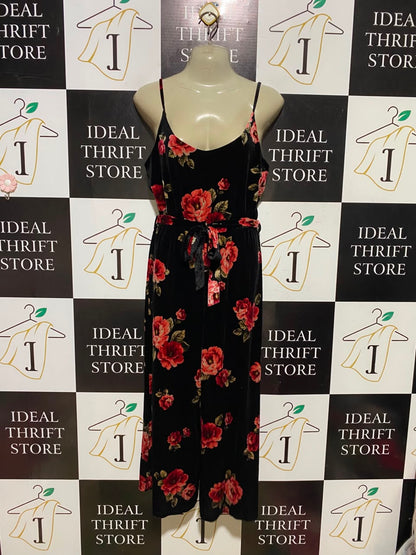 PRIMARK |M| BUST 30| A7| BLACK VELVET RED FLORAL PRINT CAMI BELTED JUMPSUIT