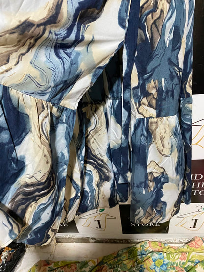 SHEIN CURVE |XL| BUST 22| A6| BLUE AND BEIGE ABSTRACT MARBLE PRINT BELTED TIERED MAXI DRESS