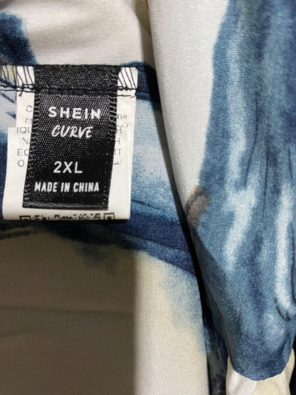 SHEIN CURVE |XL| BUST 22| A6| BLUE AND BEIGE ABSTRACT MARBLE PRINT BELTED TIERED MAXI DRESS