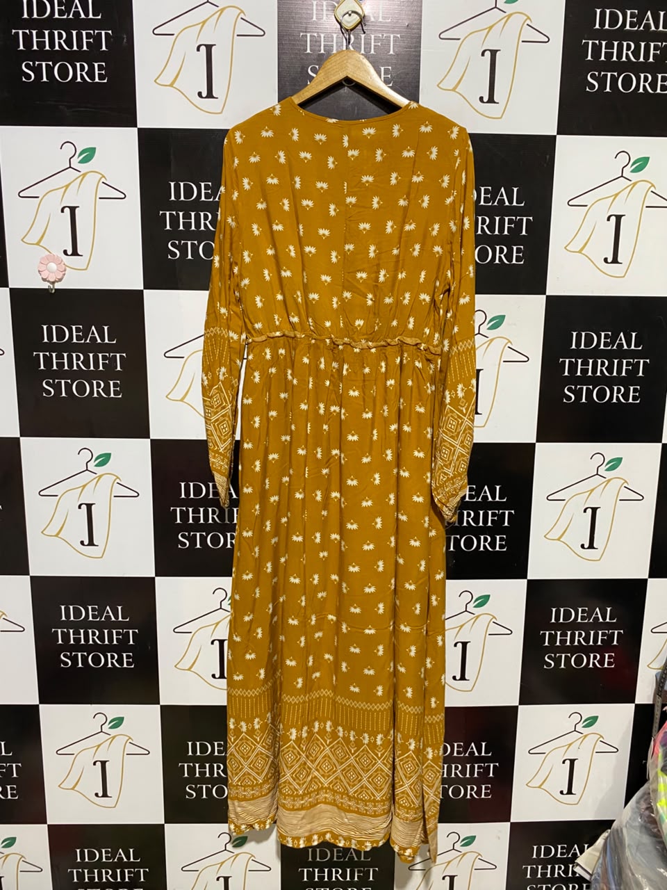 SHEIN |XL| BUST 20| A6| MUSTARD YELLOW BOHO PRINT TASSEL-TIE MAXI DRESS