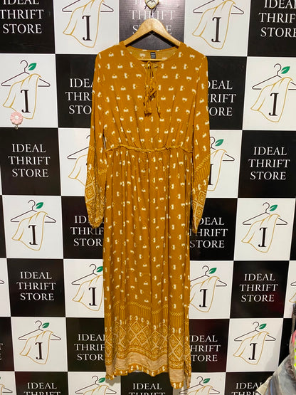 SHEIN |XL| BUST 20| A6| MUSTARD YELLOW BOHO PRINT TASSEL-TIE MAXI DRESS