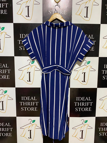 |XL| BUST 22| A6| ROYAL BLUE AND WHITE VERTICAL STRIPED BUTTON-FRONT BELTED SHIRT DRESS