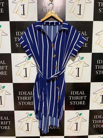 |XL| BUST 22| A6| ROYAL BLUE AND WHITE VERTICAL STRIPED BUTTON-FRONT BELTED SHIRT DRESS