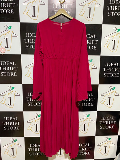 SHEIN |L| BUST 18| A6| MAGENTA PINK PLEATED ACCORDION KEYHOLE BELL-SLEEVE MAXI DRESS