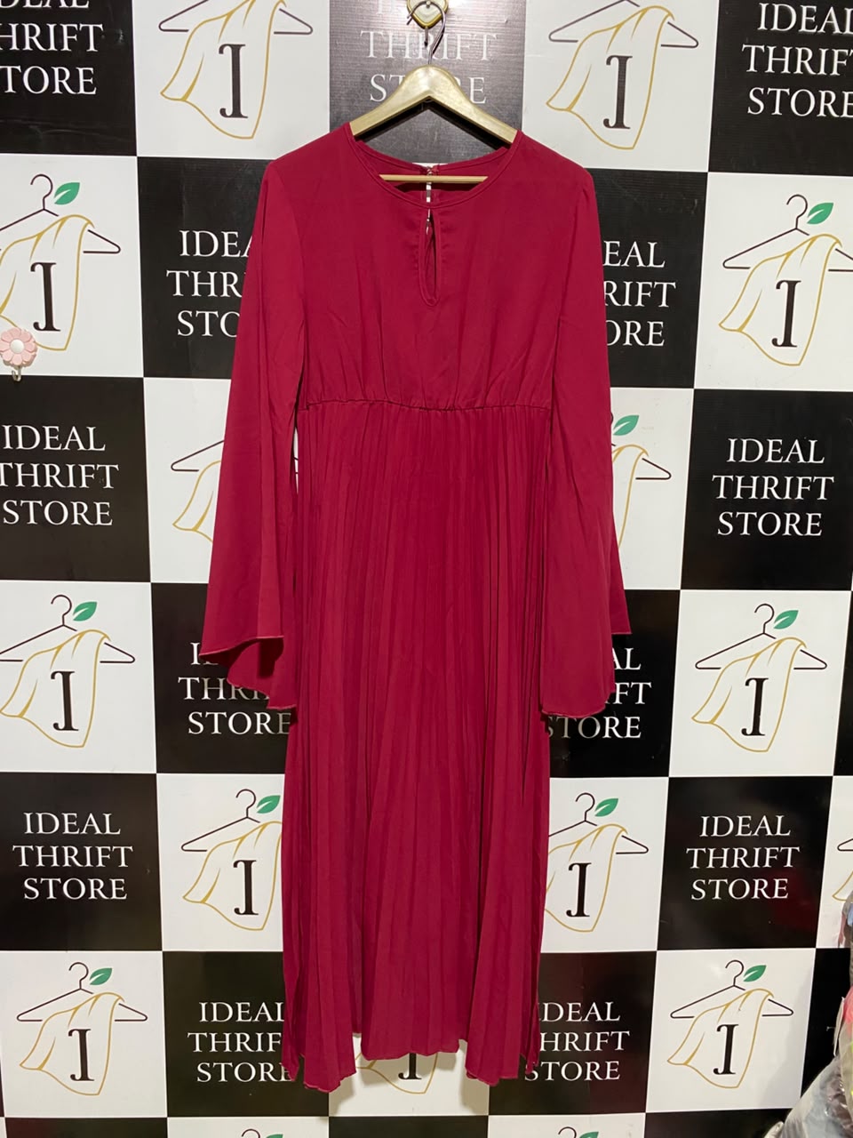 SHEIN |L| BUST 18| A6| MAGENTA PINK PLEATED ACCORDION KEYHOLE BELL-SLEEVE MAXI DRESS