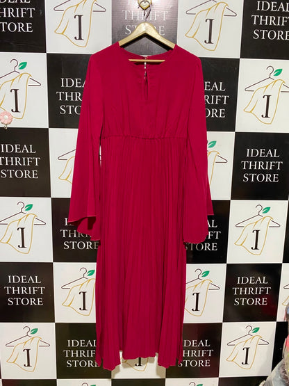 SHEIN |L| BUST 18| A6| MAGENTA PINK PLEATED ACCORDION KEYHOLE BELL-SLEEVE MAXI DRESS