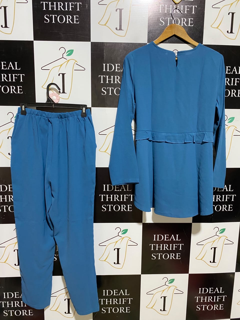 SHEIN |M| A6| TEAL BLUE RUFFLE-TRIMMED DRAWSTRING TUNIC TOP AND TROUSERS TWO-PIECE SET