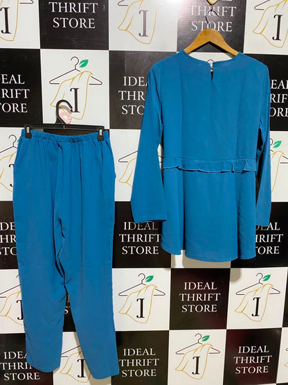SHEIN |M| A6| TEAL BLUE RUFFLE-TRIMMED DRAWSTRING TUNIC TOP AND TROUSERS TWO-PIECE SET